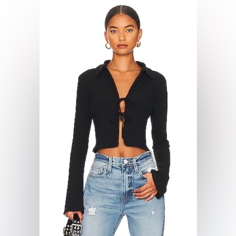 Revolve $340 FRAME Bell Sleeve Rib Polo in Noir XS